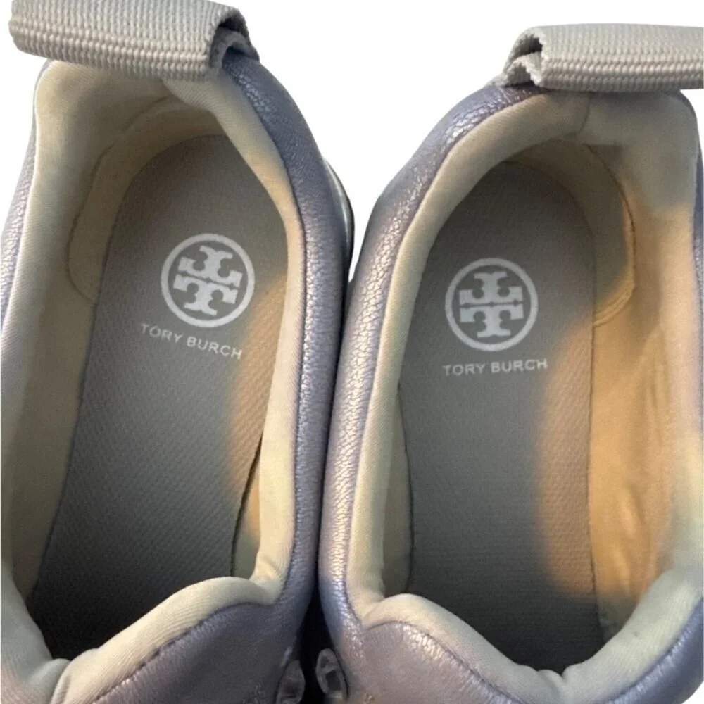 Tory Burch Silver Slip-On Sneakers With Embellished Details & Metallic Accents S